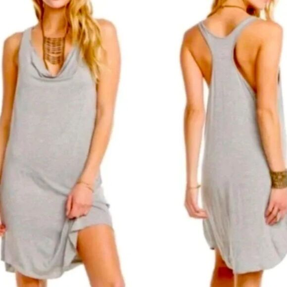 Chaser Hi-Lo Cool Jersey Cowl Neck Racer Back Shirttail Heather Grey Dress - Picture 1 of 5